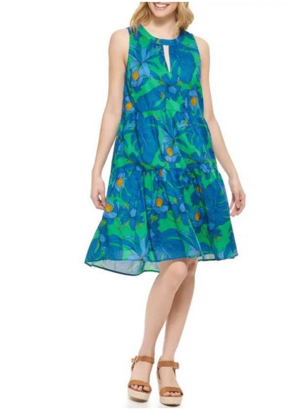 Tommy Hilfiger Gustavia Green Blue Floral Tiered Dress size 6